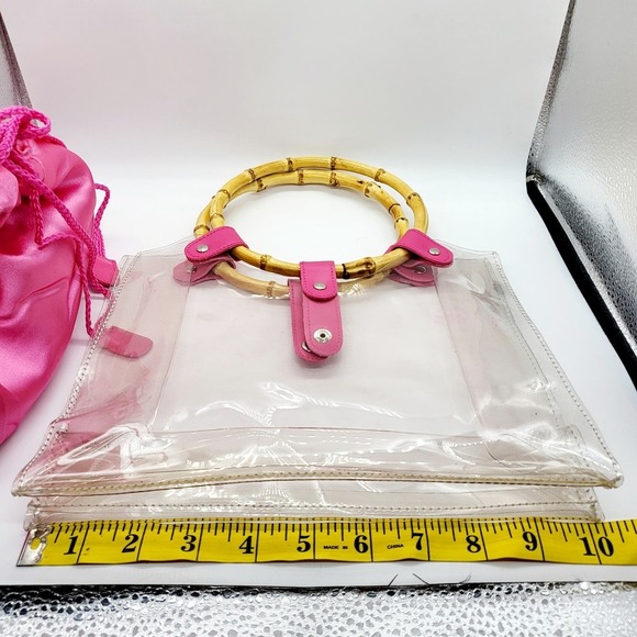 Lancome Transparent Round Bamboo Handle Handbag Tote Removable Pink Interior Bag - Picture 8 of 10